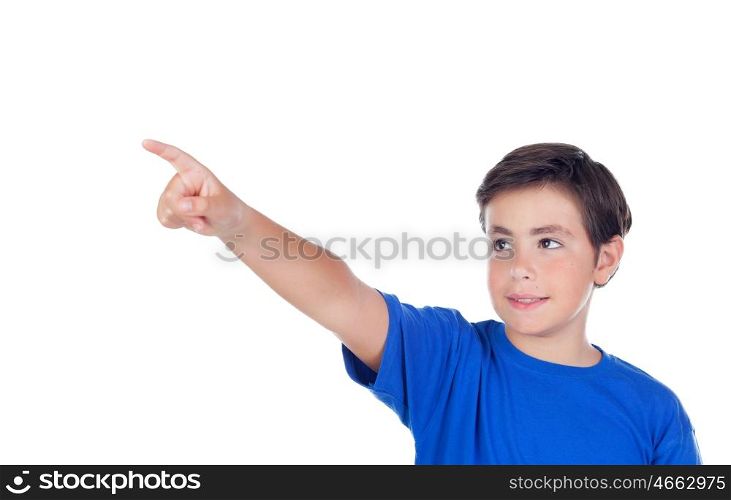 Happy child with ten years old indicating something isolated on a white background