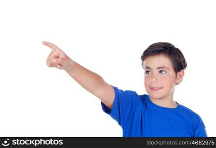 Happy child with ten years old indicating something isolated on a white background