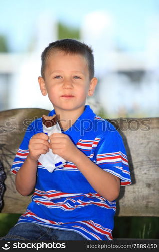 Happy childhood. Boy child or kid sitting on bench in summer park eating sweets chocolate