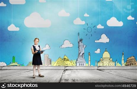 Happy childhood. Cute schoolgirl against colorful background with folder in hands