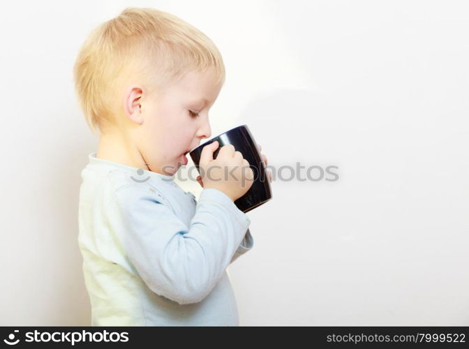 Happy childhood. Funny little boy child kid drinking tea. Indoor