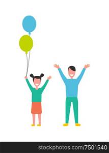 Happy children boy and girl rising hands up vector illustration cartoon characters isolated on white. Daughter with balloons and smiling son together. Happy Children Boy and Girl Rising Hands Up Vector