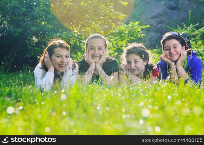 happy children group have fun outdoor in nature at suny day