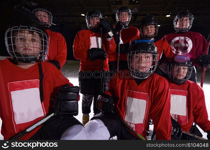 happy children group ice hockey team sport players portrait