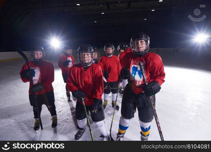 happy children group ice hockey team sport players portrait