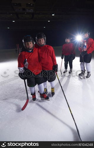 happy children group ice hockey team sport players portrait