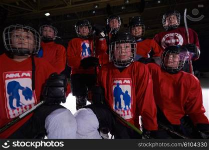 happy children group ice hockey team sport players portrait