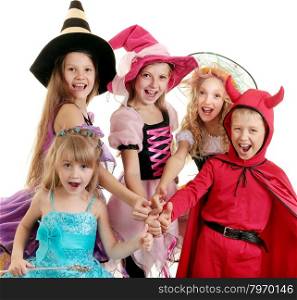 Happy Children in Halloween Costumes of Witches, Demon and Princess Showing Thumbs Up.