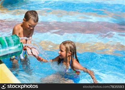 Happy children in the summer outdoor pool.