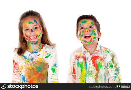 Happy children painting. Happy children painting isolated on a white bacground