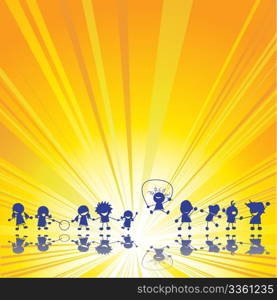 Happy children silhouettes over summer sun rays background