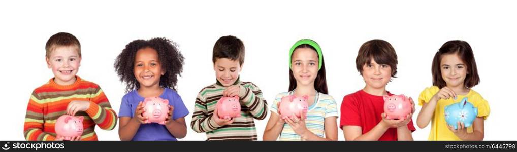 Happy children with piggy-banks isolated on a white background