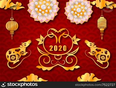 Happy Chinese New Year 2020 with Golden Rat Symbol, Asian Elements - Illustration Vector. Happy Chinese New Year 2020 with Golden Rat Symbol, Asian Elements