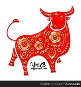 Happy Chinese New Year 2021 year of the ox ,Chinese Zodiac Sign Paper cut red ox