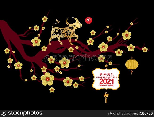 Happy chinese new year 2021 Zodiac sign with Ox (Chinese translation Happy chinese new year 2021, year of ox)