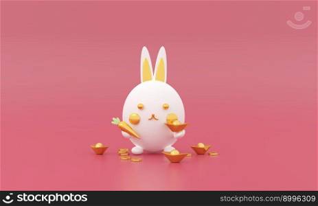 Happy Chinese new year 2023 year of the rabbit cute zodiac sign with money wealth, elements gold on pastel color Background. Translation Happy new year. Lunar concept, bunny design 3d rendering