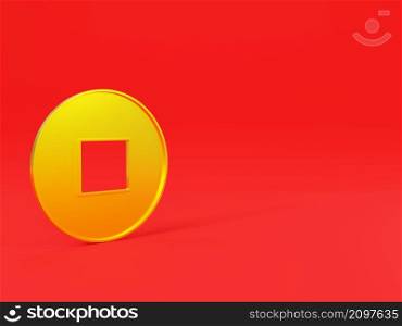 Happy Chinese New Year. Ancient old gold coins of China with square hole on red background decoration element for web design, Feng shui symbol New year lucky gift 3D Rendering illustration