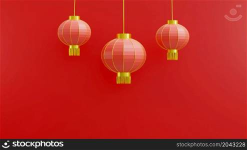 Happy Chinese New Year. Chinese lantern cylindrical shape on red background, Hanging red paper lantern traditional lamp, luxury CNY element for web design, 3D Rendering illustration