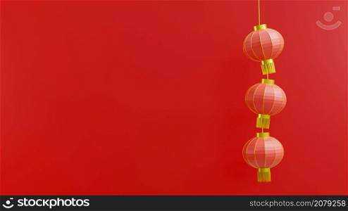 Happy Chinese New Year. Chinese lantern cylindrical shape on red background, Hanging red paper lantern traditional lamp, luxury CNY element for web design, lantern festival, 3D Rendering illustration