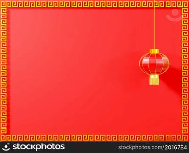Happy Chinese New Year. Chinese lantern in golden lanterns frame pattern on red background decoration element for web design, 3D Rendering illustration