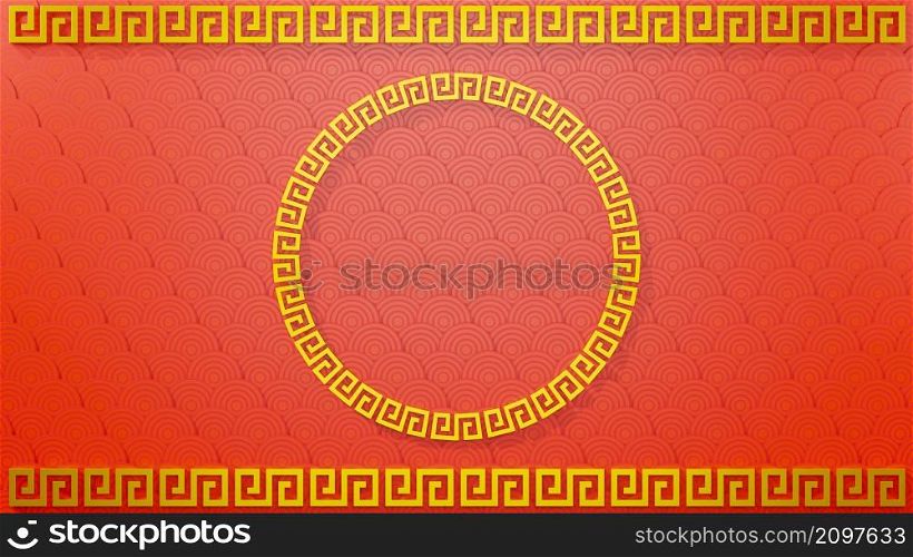 Happy Chinese new year concept. Chinese traditional ornament collection of decorative gold round border frames red background for web design, Circle frame, 3D rendering illustration