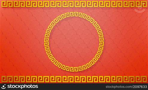 Happy Chinese new year concept. Chinese traditional ornament collection of decorative gold round border frames red background for web design, Circle frame, 3D rendering illustration