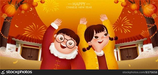 Happy Chinese new year illustration banner with two cute children raising their hands up in front of chinese countryside architecture, giant sun on red background. Chinese new year happy kids banner
