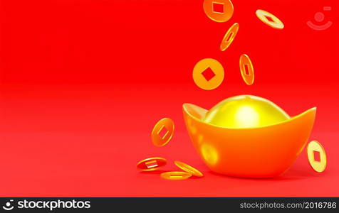 Happy Chinese New Year. Realistic Yuan Bao Chinese gold sycee ingots and coins on red background icon for web design, Feng shui symbol New year lucky gift, Golden ancient China money 3D Rendering