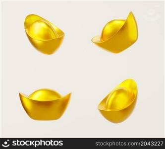 Happy Chinese New Year. Realistic Yuan Bao Chinese gold sycee ingots on white background icon for web design, Feng shui symbol New year lucky gift, Golden ancient China money 3D Rendering illustration