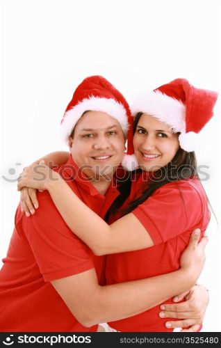 Happy christmas couple. Isolated over white background.