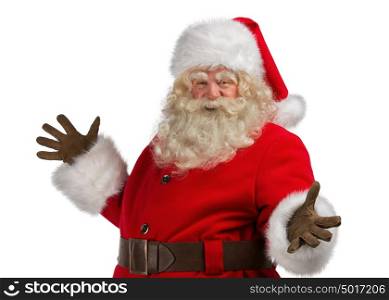 Happy Christmas Santa Claus with a welcome gesture. Isolated on white background.