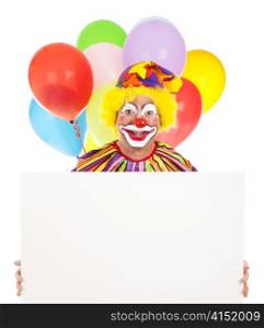 Happy clown holding a blank sign ready for your text. White background.