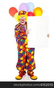 Happy clown points to blank sign, ready for text. Full body isolated on white.