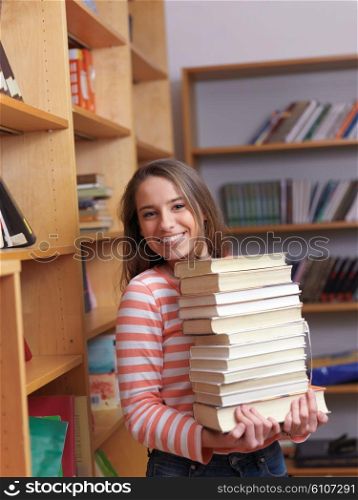 happy collage school girl student portrait in classrom and library
