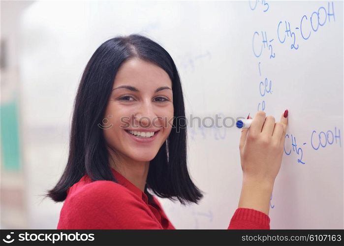 happy collage school girl student portrait in classroom and library