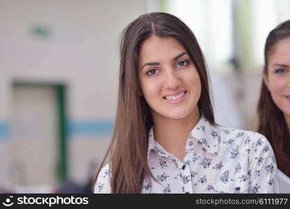 happy collage school girl student portrait in classroom and library