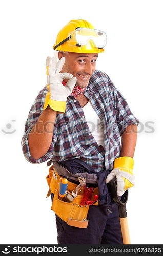 Happy construction worker, isolated on white