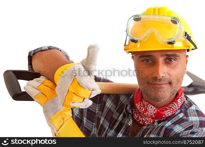 Happy construction worker, isolated on white