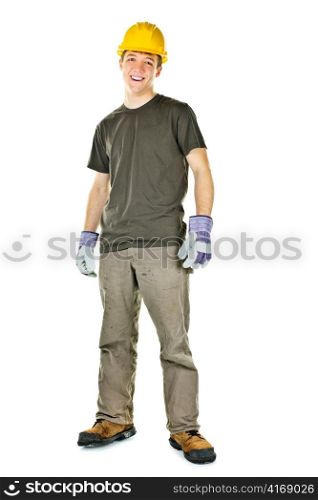 Happy construction worker with hard hat full body standing isolated on white background