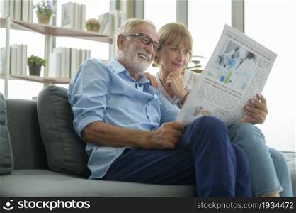 Happy Couple Caucasian senior are relaxing , reading newspaper in living room