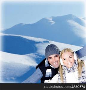 Happy couple having fun, outdoors at winter snowy mountains, people at nature, blue wintertime landscape background, Christmas vacation holidays, love concept border