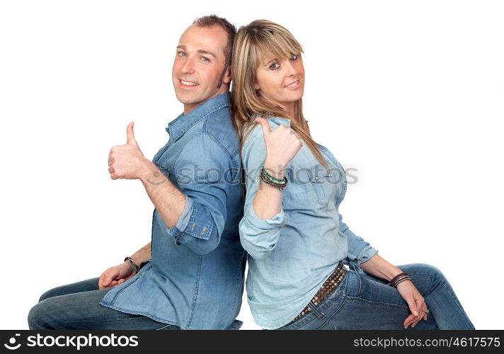 Happy couple in love saying Ok isolated on white background