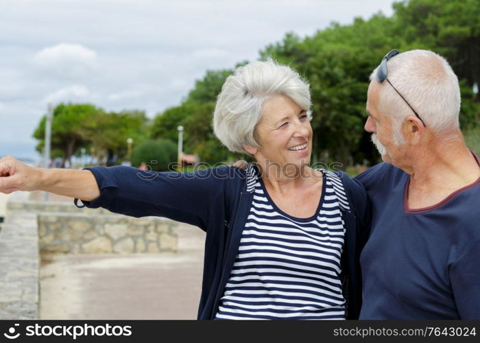 happy couple of seniors looking at the sea