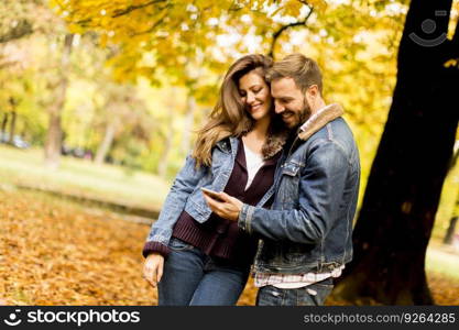 Happy couple watching a smart phone and standing in autumn park