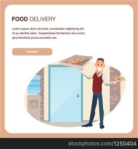 Happy Coworker Hold Carton Pizza Box at Workplace. Food Delivery Service. Man Wear Informal Suit Plan to Have Slice of Junkfood for Office Lunch Break. Cartoon Flat Vector Illustration. Happy Coworker Hold Carton Pizza Box at Workplace