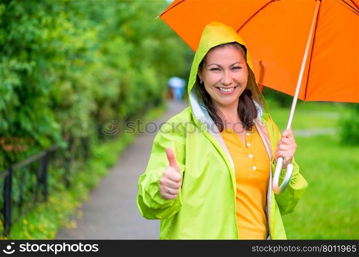 Happy cute girl is showing how she likes rain