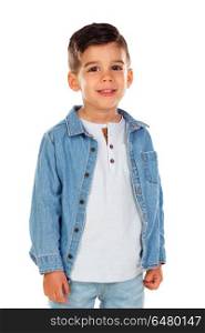 Happy dark child with denim shirt isolated on a white background