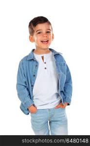 Happy dark child with denim shirt isolated on a white background