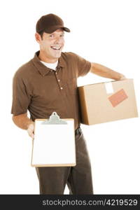 Happy delivery man holding a package and a clipboard with a message for you. Isolated on white with blank space.