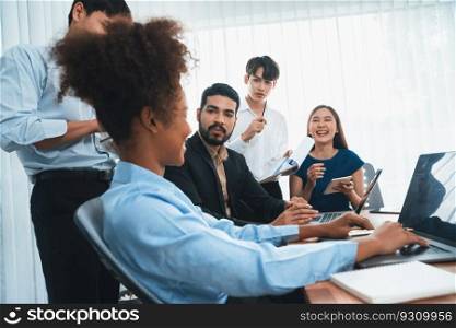Happy diverse business people work together, discussing in corporate office. Professional and diversity teamwork discuss business plan on desk with laptop. Modern multicultural office worker. Concord. Modern multicultural office worker in corporate workplace. Concord